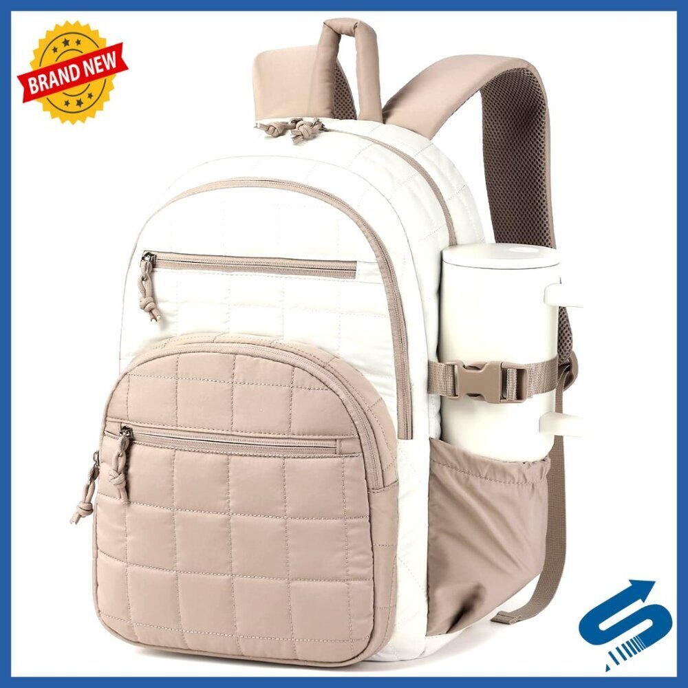 Quilted Puffer Laptop Backpack with Tumbler Holder Travel Work School Chic